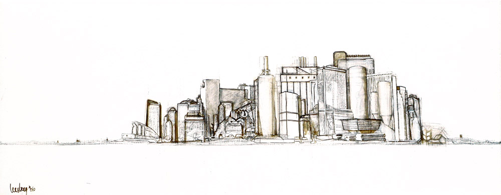 Een wit doek uit 2006 van de hand van July Leesberg, waarop de contouren van de haven van Wageningen verweven zijn met de skyline van Manhattan, opgetekend in houtskool, olieverf en eitempera 72x180cm