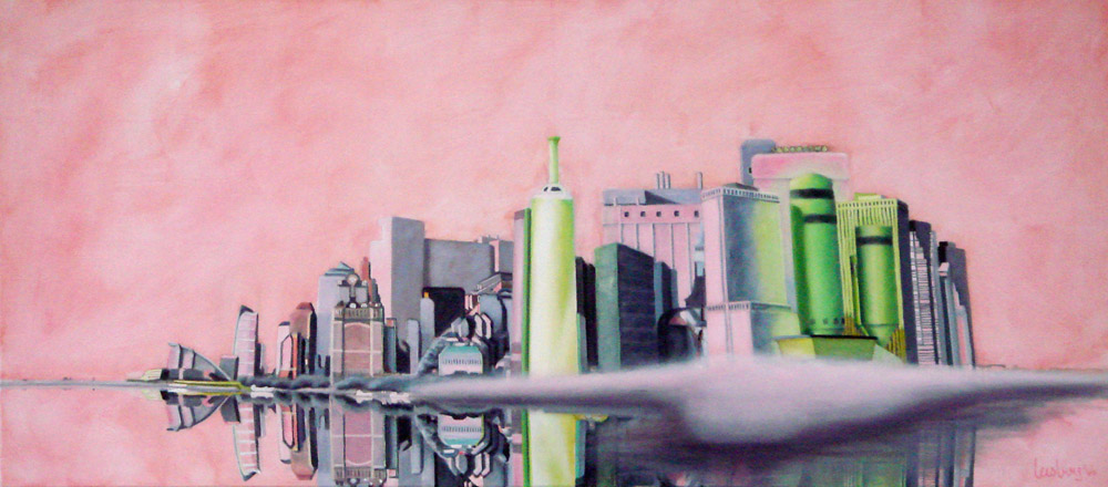 Een schilderij van July Leesberg uit 2006 dat gevat is in nevelen in een roze gloed, waarop de haven van Wageningen vervlochten is met de horizon van Manhattan, 80x180cm oost-indische inkt, eitempera en olieverf op linnen