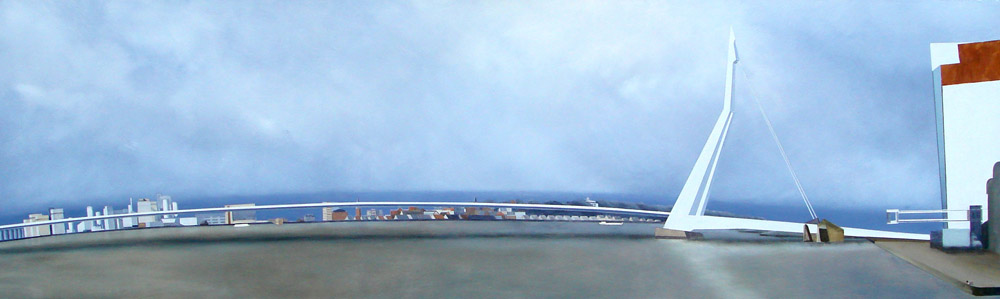 Een lang schilderij van de hand van July Leesberg uit 2007. Op het doek is tegen een blauwe hemel de Erasmusbrug te zien, die begint in de haven van Wageningen en eindigt in Rotterdam, 200x60cm acryl op katoen,