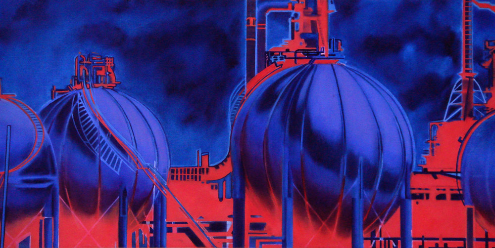 Een klein, contrastrijk schilderijtje uit 2007 van de hand van July Leesberg in rood en ultramarijn, waarop gasbollen op de maasvlakte te zien zijn, getiteld: bollenveld op de maasvlakte, 40x80cm olieverf op linnen