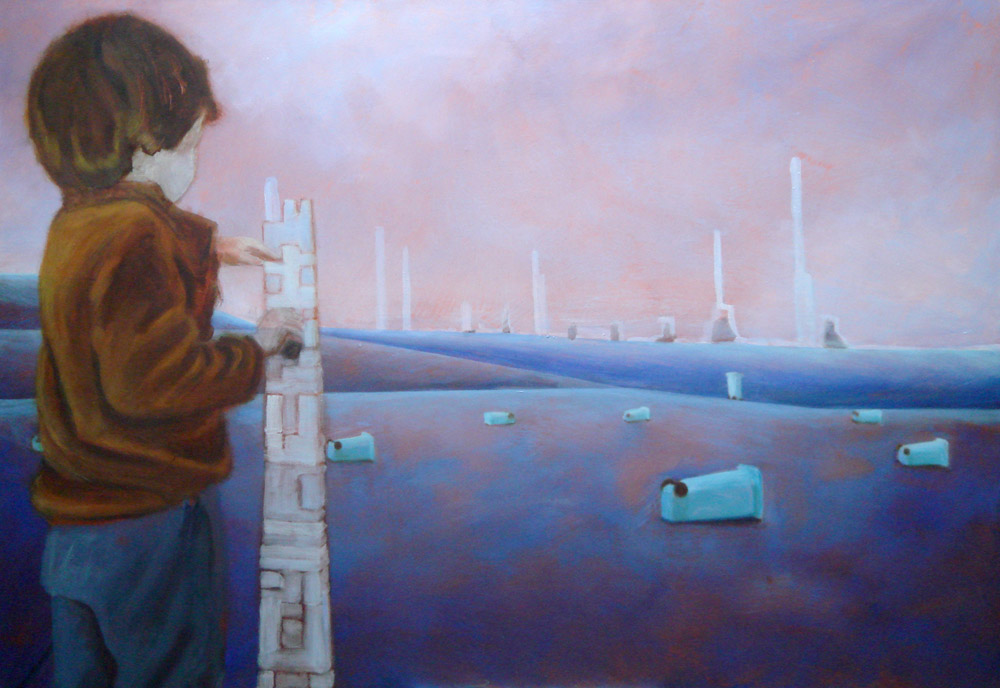 Een schilderij uit 2009 van July Leesberg, in blauwe en rode tinten. Waarop een kind een toren bouwt met een horizon van fabriekspijpen als inspiratiebron getiteld: de blauwe bergen,100x145cm acryl en marmerpoeder op katoen