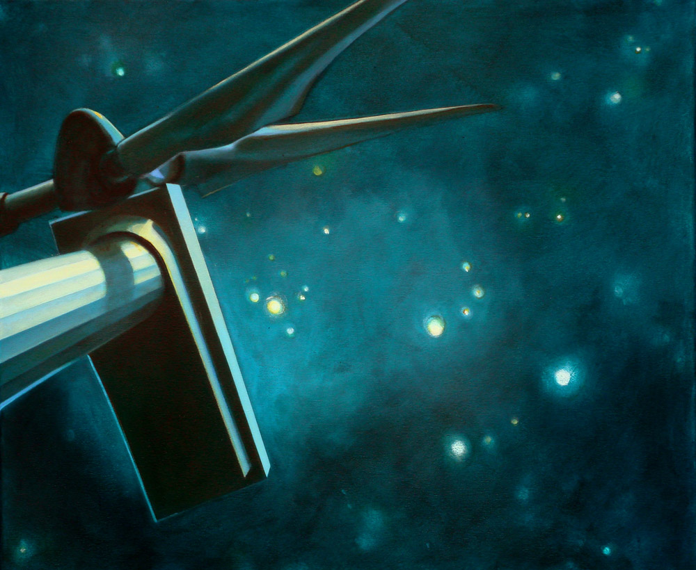 Schilderij van July Leesberg met de turbine van een windturbine tegen een blauwe sterrenhemel, 100x120cm, acryl op katoen genaamd sterrenhemel 1 2009