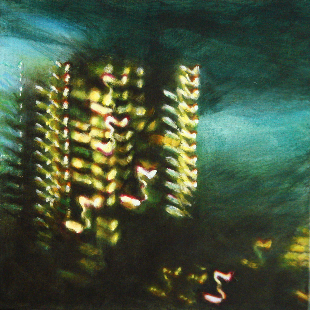 Een klein schilderij van de hand van July Leesberg uit 2010 waarop tegen een groeninge achtergrond een verlichte torenflat te zien is die lijkt te dansen in de dreigende omgeving, getiteld nachtlucht wageningen, 40x40cm acryl op katoen verkocht.