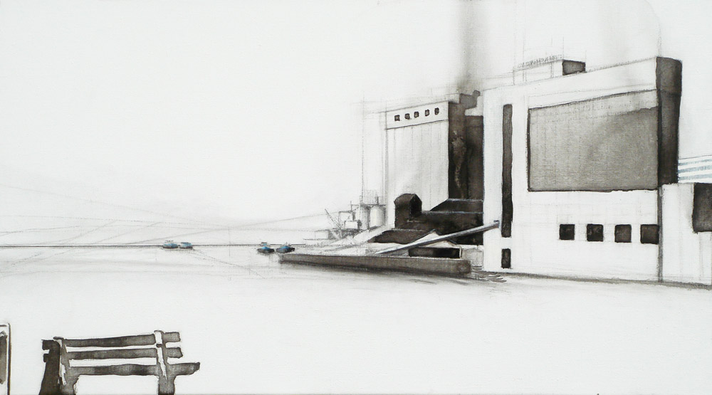 2010 rijnaak wageningen haven, 50x90cm acrylverf, eitempera, houtskool en oost-indische inkt op linnen ©july leesberg