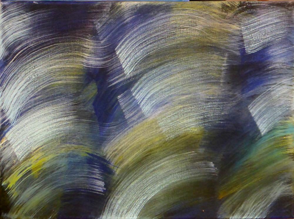 Een klein schilderij van de hand van July Leesberg uit 2022 waarop draaiende lichtvlagen in gele en blauwe kleuren te zien zijn voor een donkere achtergrond, getiteld: draailicht, 30x40cm eitempera op katoen