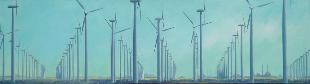 Een schilderij van July Leesberg uit 2009, waarop tegen een blauwgroene achtergrond eindeloze rijen windturbines in vervreemdend perspectief in een grijze zee staan, 55x200cm acryl op katoen